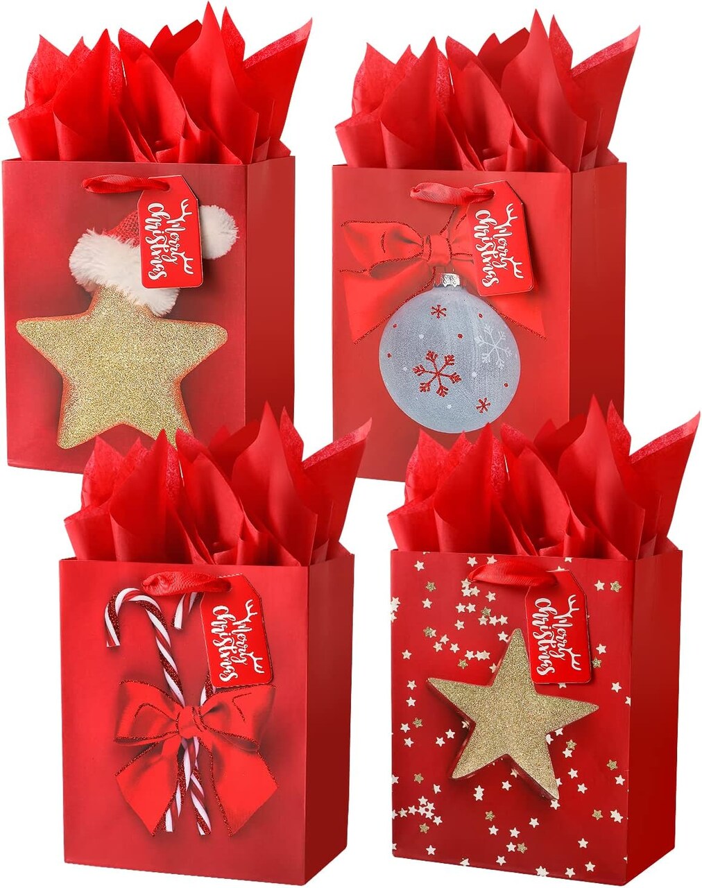4 Pack 9" Medium Size Gift Bags Assorted Christmas gift bags with Tissue Paper for Christmas Party Supplies Decor, Wrapping Holiday Gifts-7" X 4" X 9"